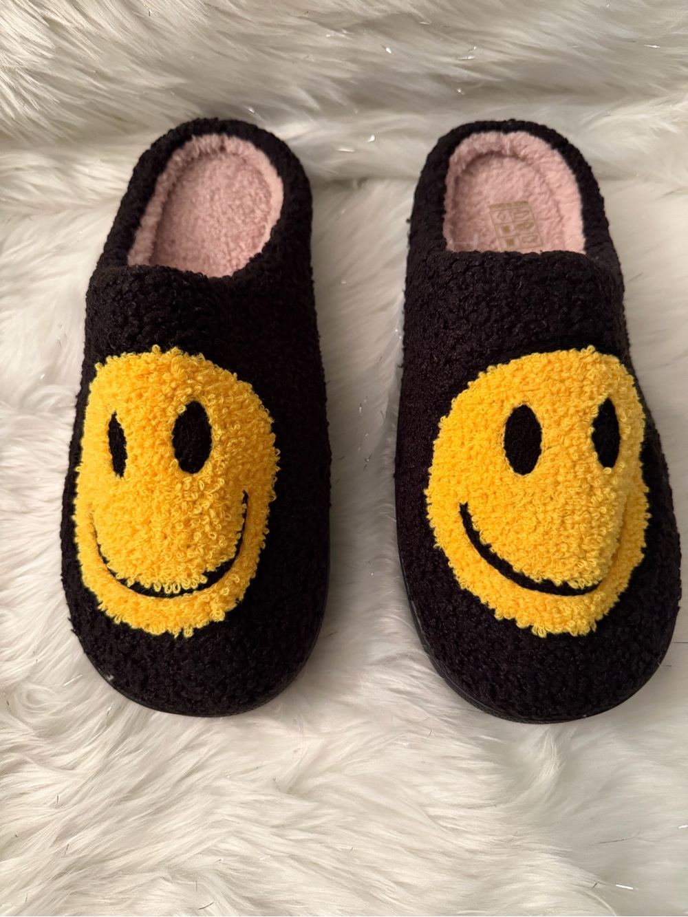 Women’s Black Plush Slippers with Yellow Smiley Face